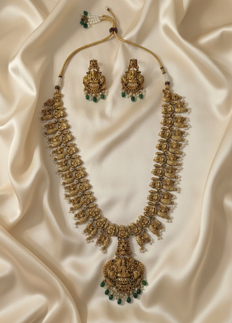 Lakshmi Temple Matte Gold Jewellery Necklace Set With Drops Earrings