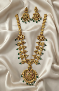 Temple Matte Gold Haram Set Long Necklace with Matching Earrings