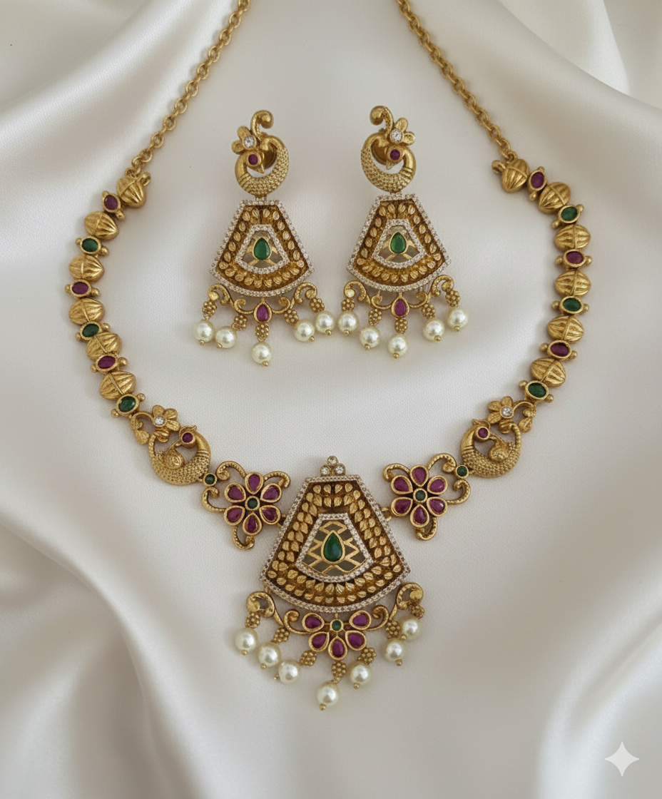 Temple Matte Gold Ornate Floral Heritage Necklace Set & Earrings For Woman