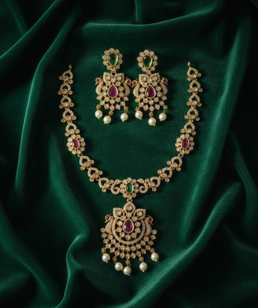 Emerald Peacock Temple Jewelry Necklace Set With Matching Earrings