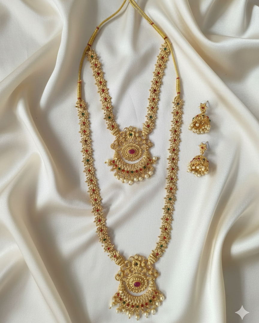 Traditional South Indian Temple Short & Long Haram Combo Set with Earrings