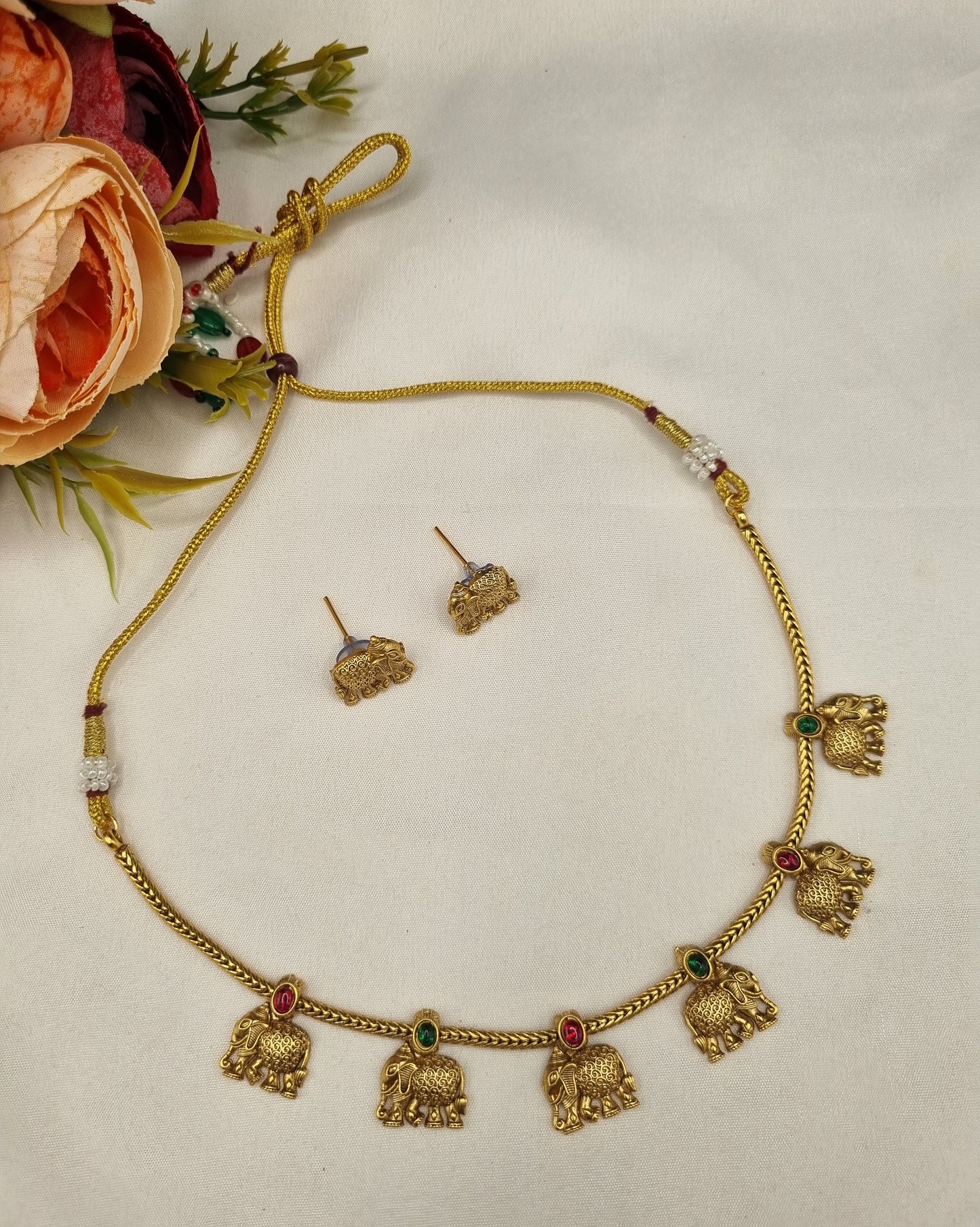 South Elephant Motif Necklace & Stud Earrings Set