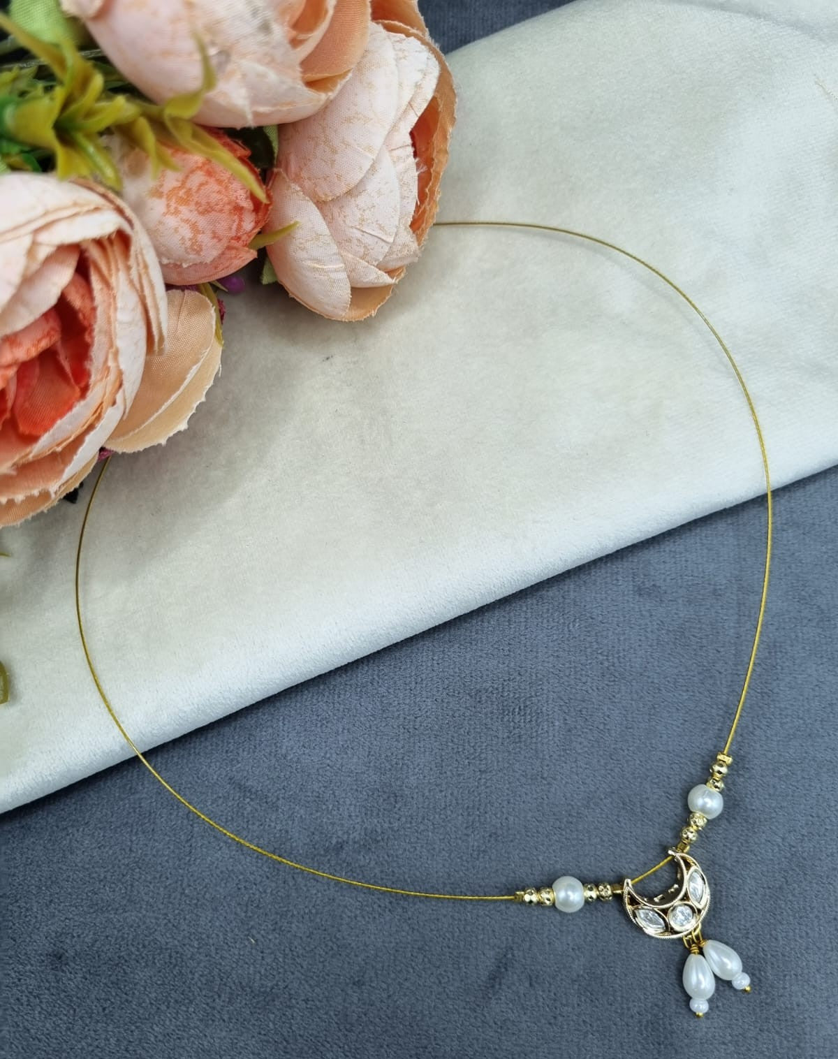 Delicate Pearl Half-Moon Wire Necklace