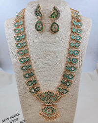 Royal Emerald Peacock Long Haram Necklace Set with Matching Earrings