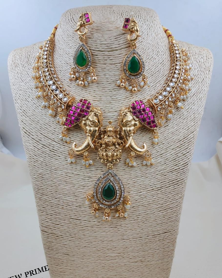Royal Divine Laxmi Elephant Temple Choker Necklace Set with Earrings