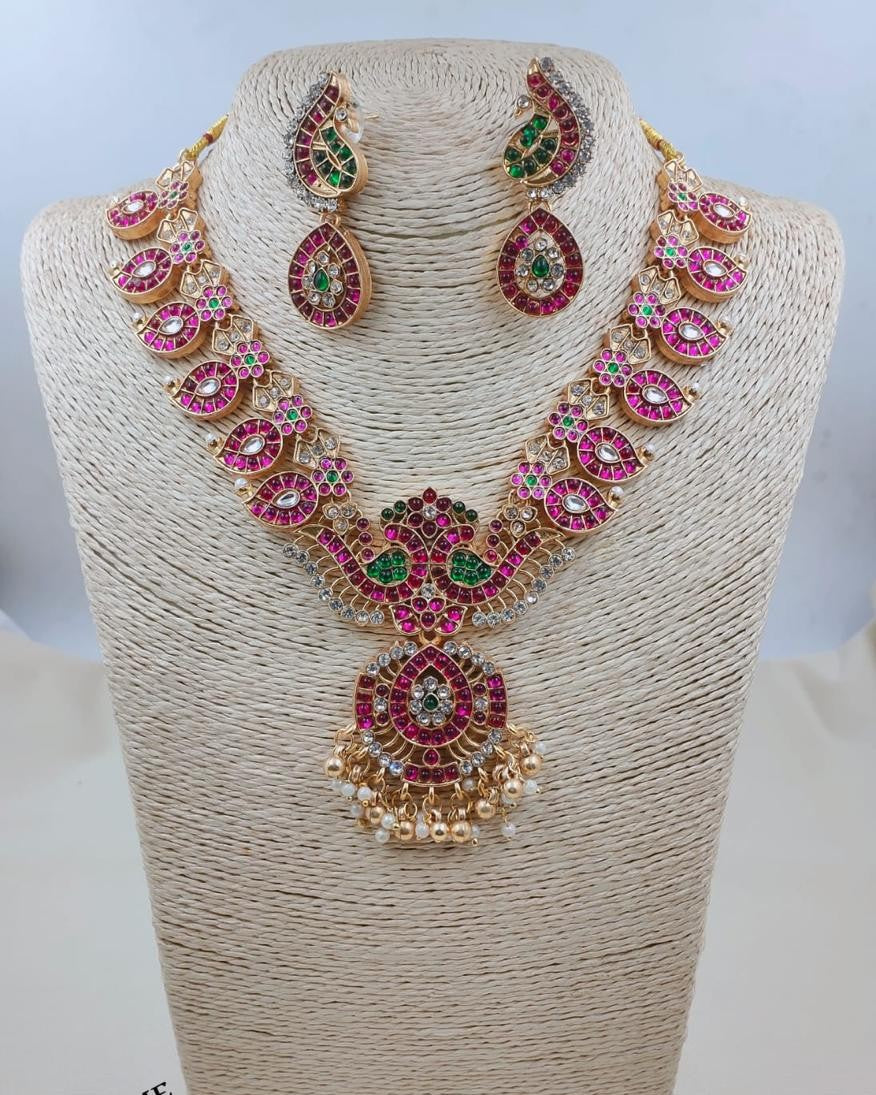 Traditional Ruby & Emerald Peacock Motif Medium Necklace Set with Earrings