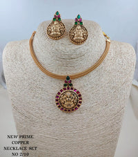 Antique Gold Goddess Laxmi Medallion Choker Necklace Set with Matching Earrings