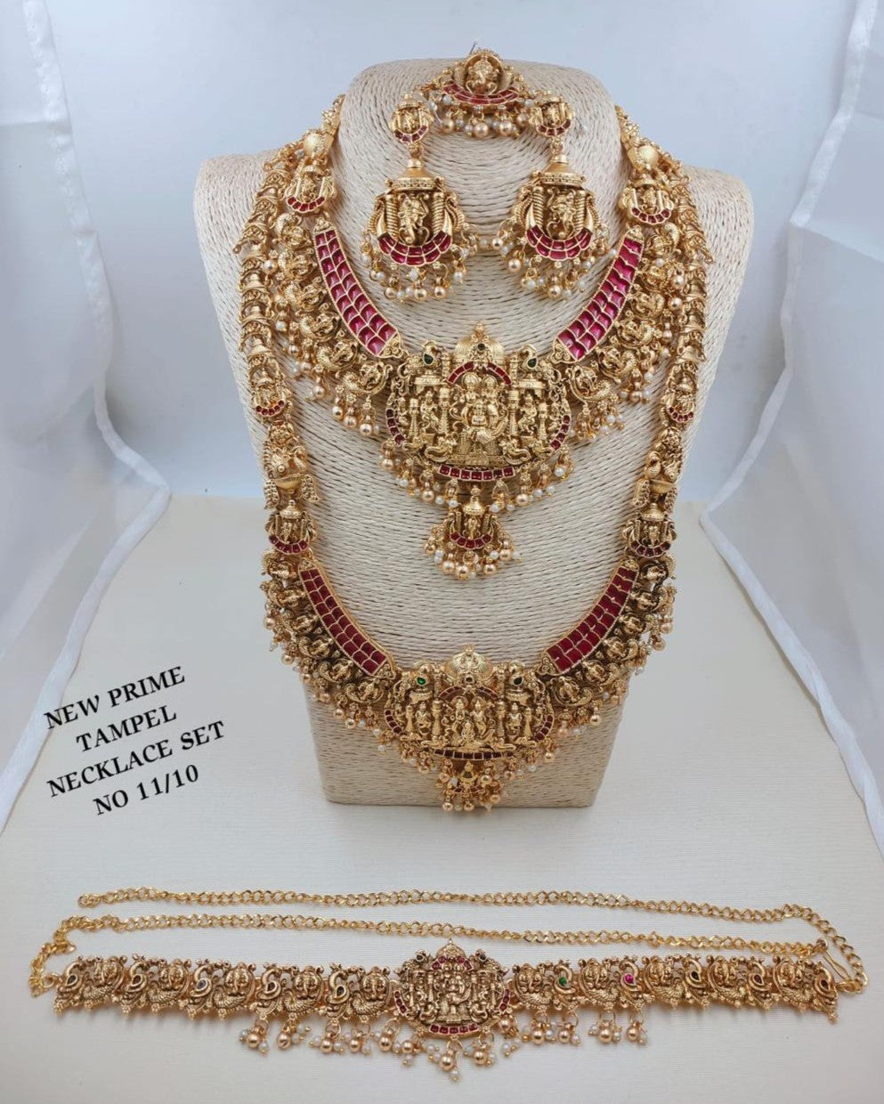 Grand Antique Gold Laxmi Temple Bridal Jewellery Set (Necklaces, Earrings, Mang Tikka & Vaddanam)