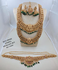 Grand Antique Gold Goddess Laxmi & Peacock Temple Bridal Jewelry Set (Choker, Haram, Jhumkas, Tikka & Vaddanam)