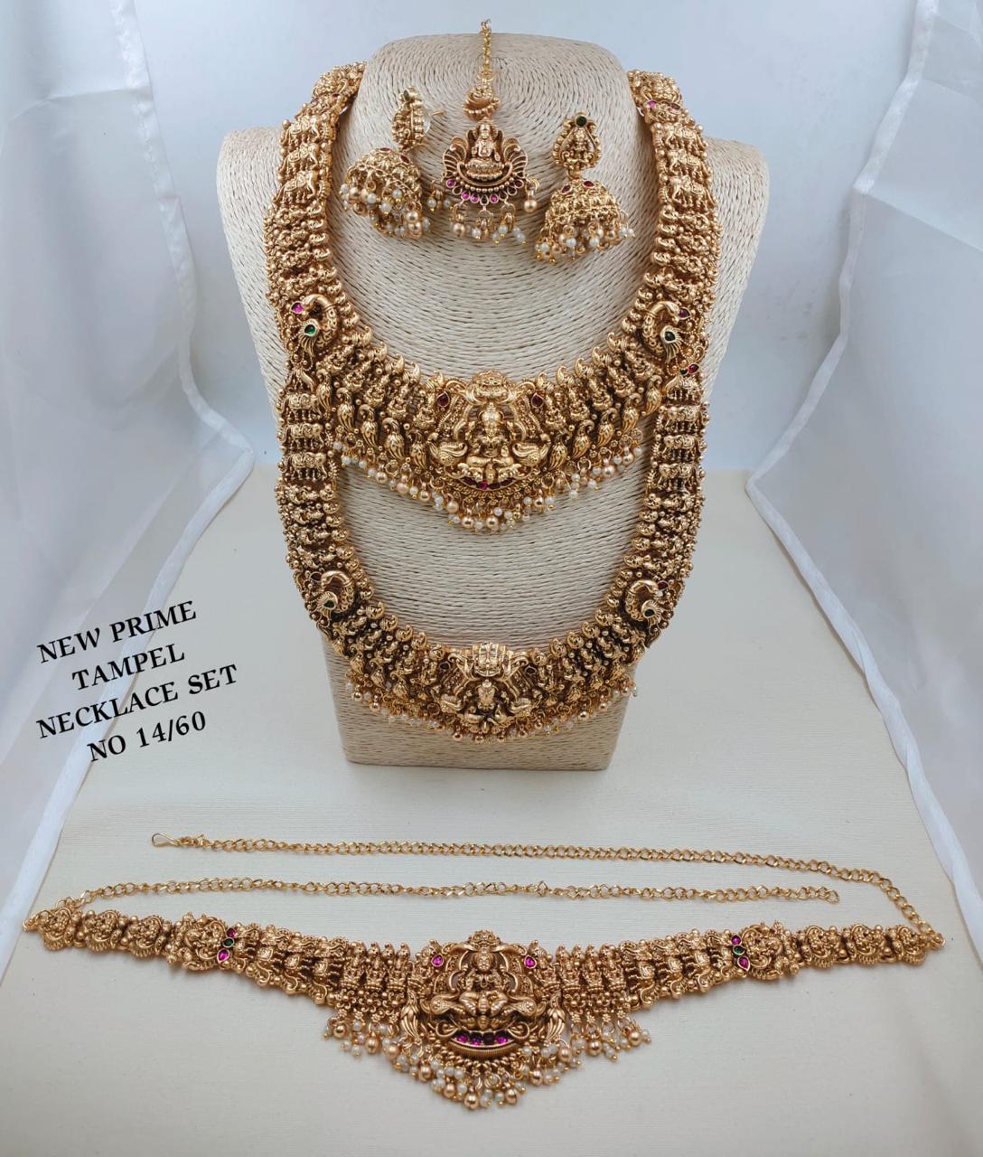 Grand Antique Gold Goddess Laxmi & Peacock Temple Bridal Jewelry Set (Choker, Haram, Jhumkas, Tikka & Vaddanam)