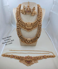 Grand Antique Gold Goddess Laxmi & Peacock Temple Bridal Jewelry Set (Choker, Haram, Jhumkas, Tikka & Vaddanam)