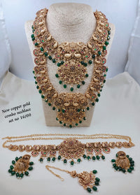 Royal South Indian Temple Bridal Combo Set - Peacock Haram, Choker, Jhumkas, Tikka & Vaddanam