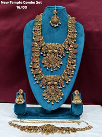 Royal South Indian Temple Bridal Combo Set - Peacock Haram, Choker, Jhumkas, Tikka & Vaddanam