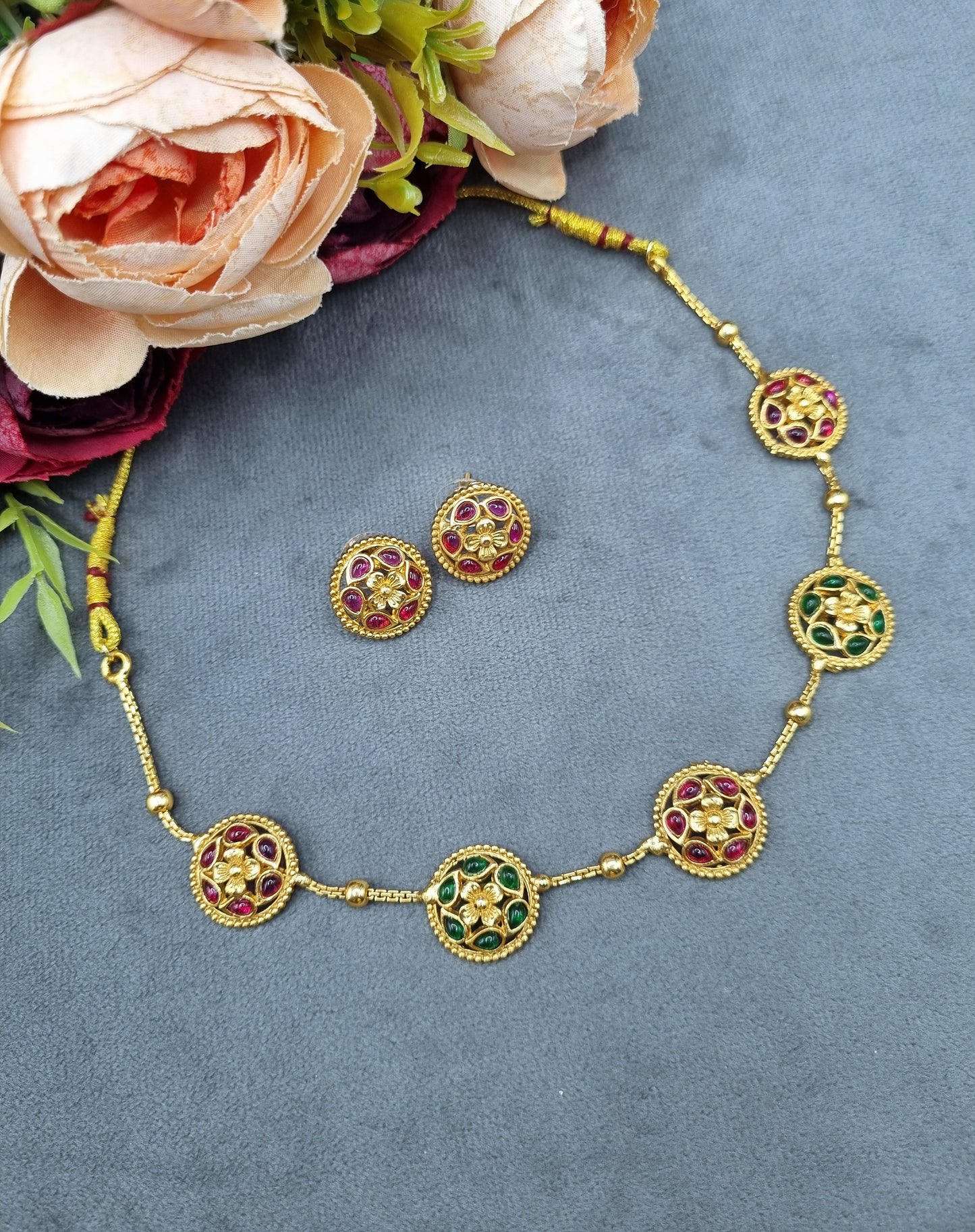 Gold-Tone Floral Medallion Necklace & Stud Earrings Set
