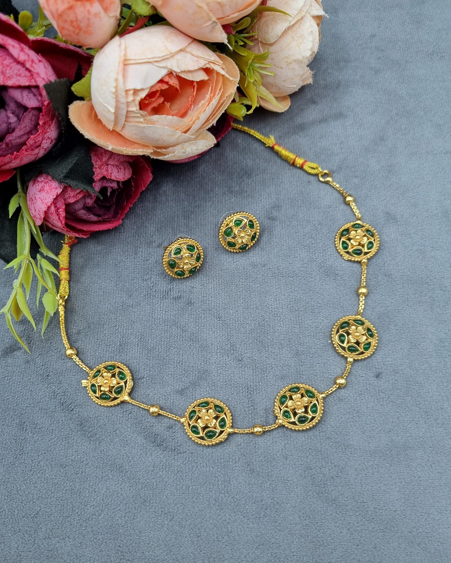 Gold-Tone Floral Medallion Necklace & Stud Earrings Set