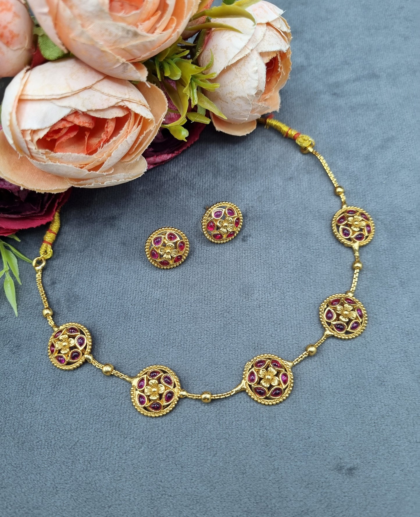 Gold-Tone Floral Medallion Necklace & Stud Earrings Set