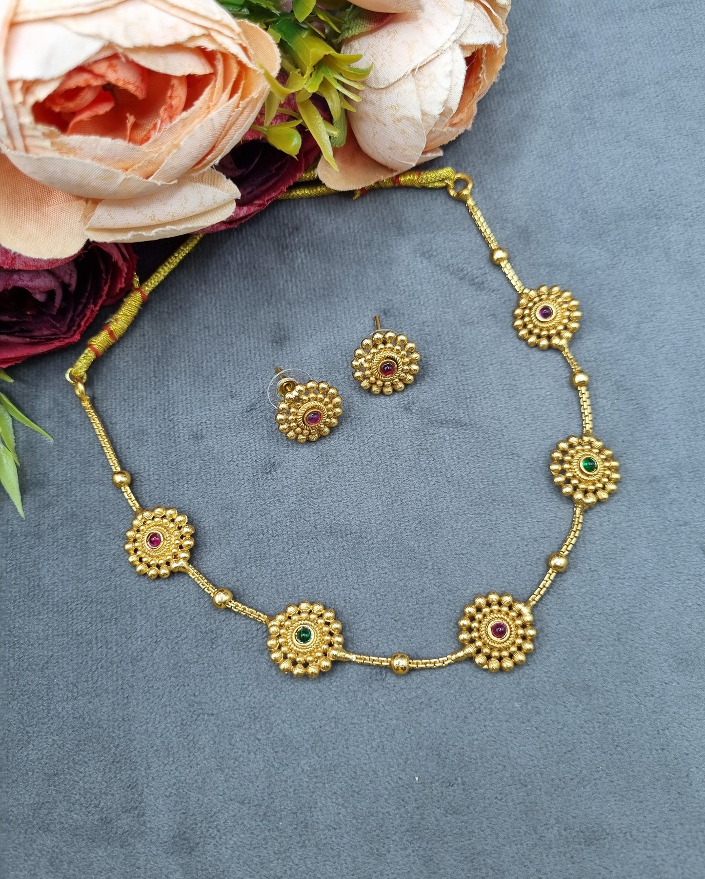 Gold-Tone Beaded Floral Motif Station Necklace Set