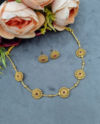 Gold-Tone Beaded Floral Motif Station Necklace Set