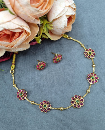 Minimalist Floral Stone Choker Necklace Set with Matching Earrings