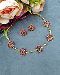 Elegant Full Floral Stone Choker Necklace Set with Matching Studs
