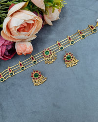 Traditional Gold-Plated Stone Choker & Earrings Set