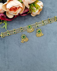 Traditional Gold-Plated Stone Choker & Earrings Set
