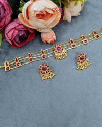 Traditional Gold-Plated Stone Choker & Earrings Set