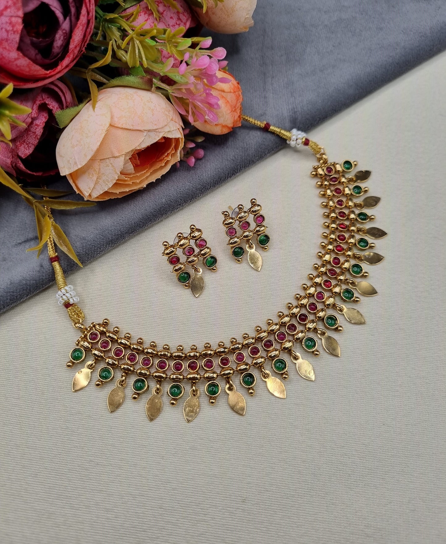 Antique Gold Tone Ethnic Necklace and Stud Earrings Set