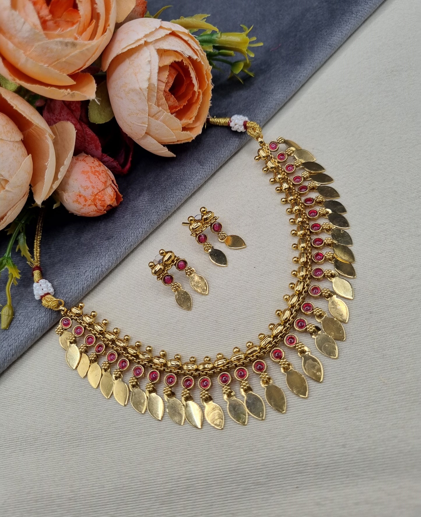 Traditional Gold-Plated Stone Studded Leaf Drop Necklace Set