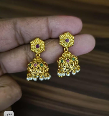 Elegant Gold Jhumka Earrings with Gemstone Accents & Pearl Drops - Lucentemarket