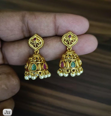 Traditional Gold Plated Jhumka Earrings with Pearl and Gemstone Detailing