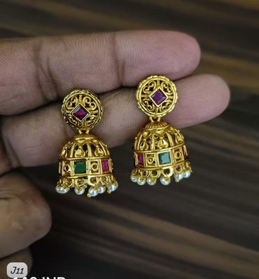 Traditional Indian Gold-Plated Jhumka Earrings with Red & Green Stones