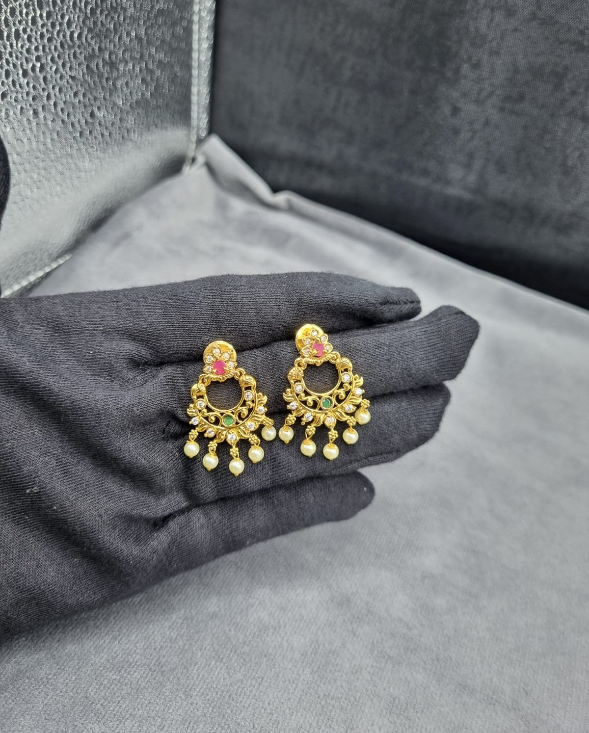 Ruby & Green Stone Temple Drop Earrings