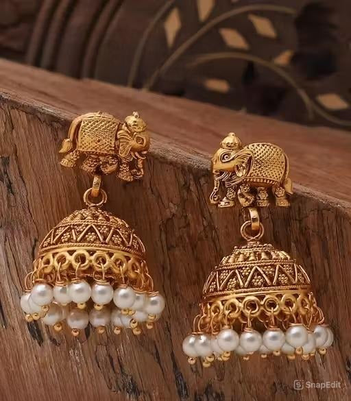 Antique Gold Dangles featuring Ornate Elephant Studs and Filigree Bell