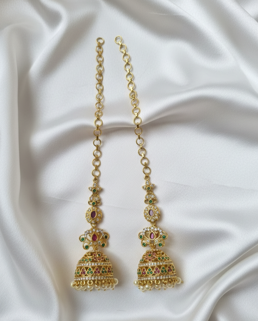 Ruby Emerald Jhumkas with Drop Hair Chains Earrings For Woman