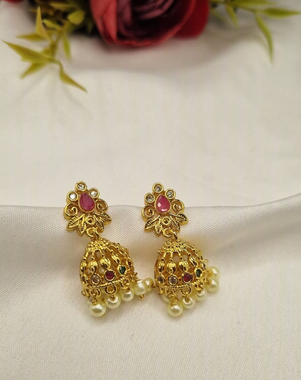Floral Stud Filigree Bell Jhumka Earrings with Hanging Pearls
