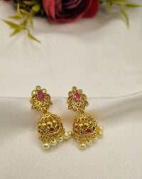 Floral Stud Filigree Bell Jhumka Earrings with Hanging Pearls