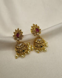 Lotus Motif Stud Filigree Jhumka Earrings with Hanging Pearls