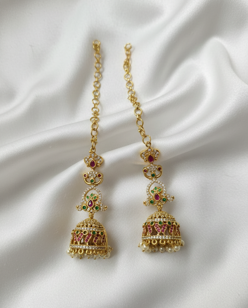 Traditional Gold Pladet Jhumkas With Hair Chains Drop Earrings For Woman