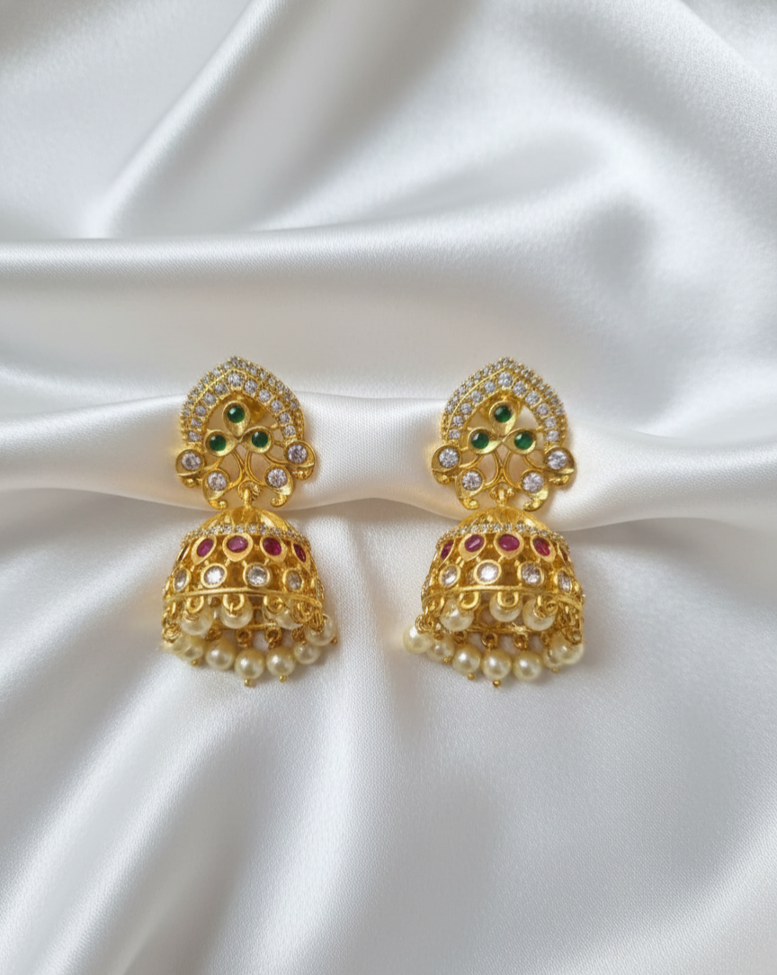 Matte Gold Dangles Temple Jewelry Earring with Pearls