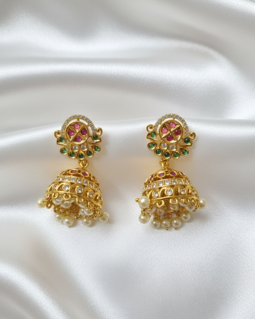 Matte Gold Dangles Temple Jewelry Earring with Pearls
