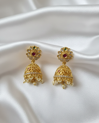 Antique Statement Earrings with Ruby Stone and Pearl Drops