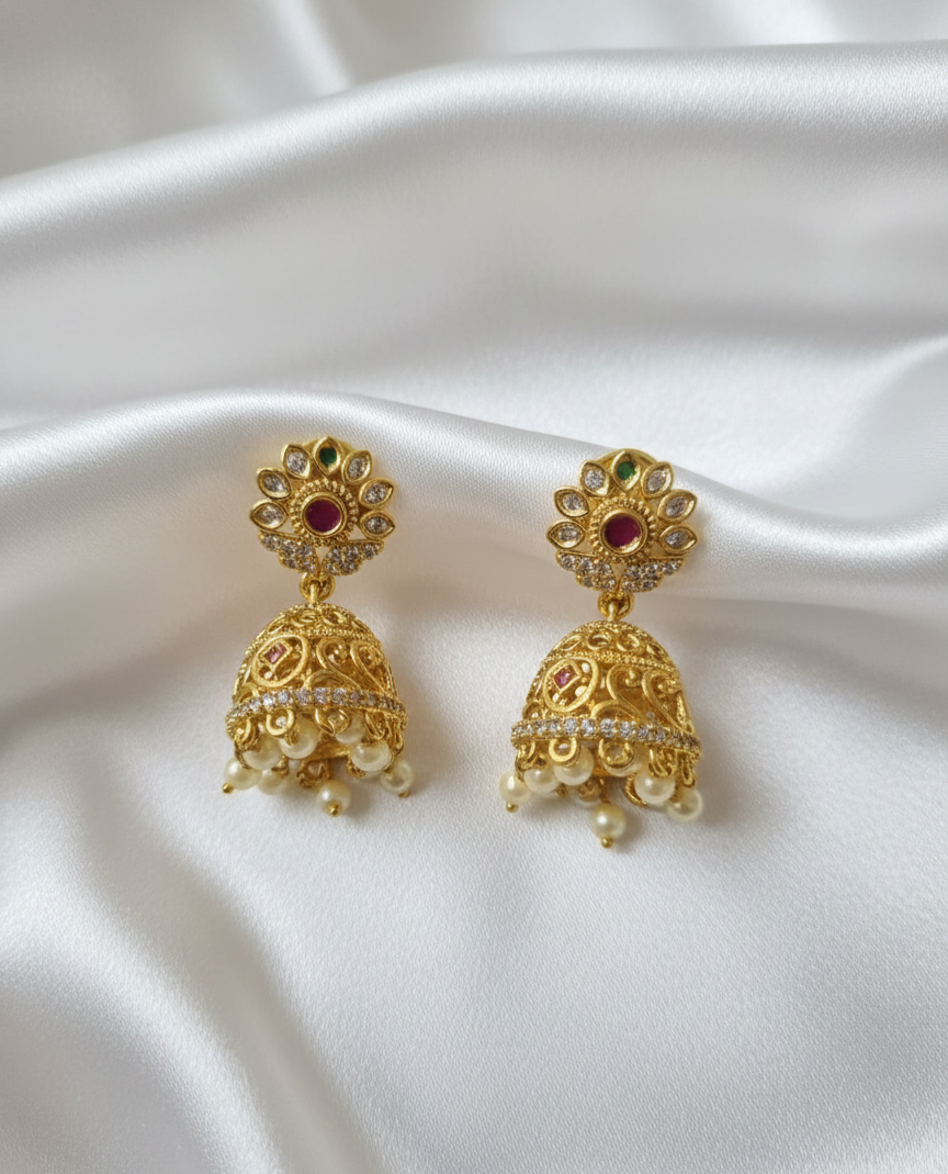 Antique Statement Earrings with Ruby Stone and Pearl Drops