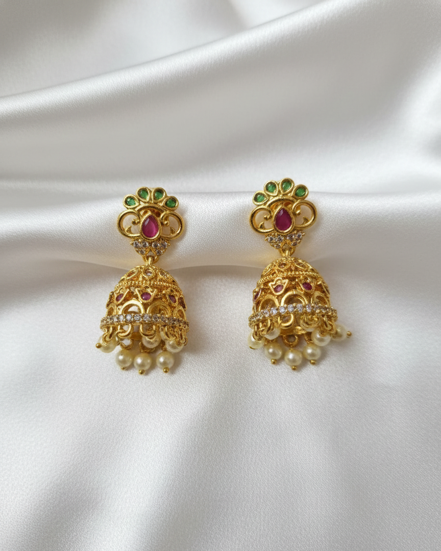 Antique Statement Earrings with Ruby Stone and Pearl Drops