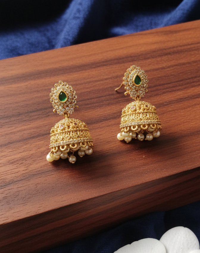 Traditional Gold Plated Jhumka with Teardrop Earrings For Woman