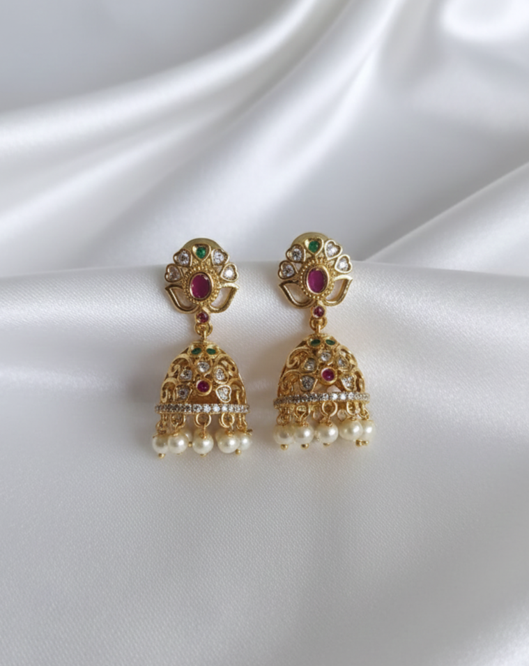Antique Statement Earrings with Ruby Stone and Pearl Drops