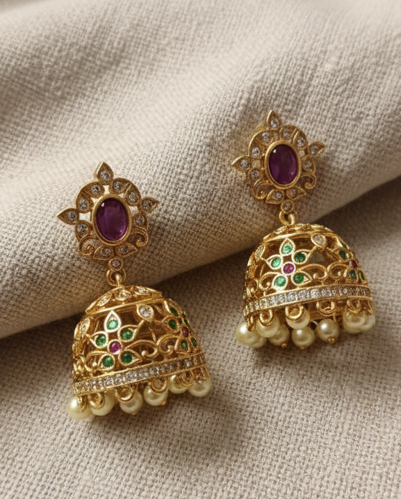 Gold-Plated Jhumka Earrings with Ruby Studs & Pearl Drops