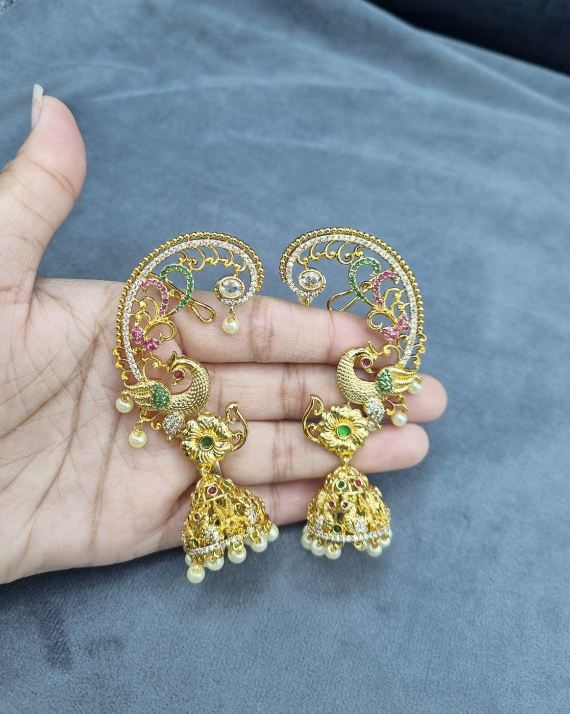 Peacock Ear Cuffs with Jhumka Drops