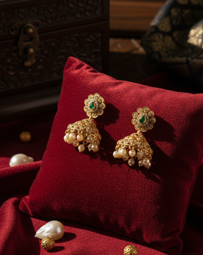 Traditional Gold-Plated Earrings with Drops Jhumkas