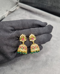 Traditional Floral Jhumkas with Pink Bead Droplets